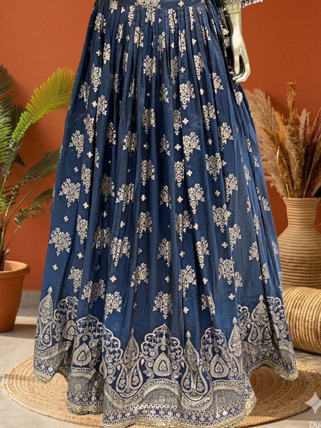Steel Blue Tissue Lehenga Choli with Zari Mughal Buti Print & Embroidered Border with Net Dupatta
