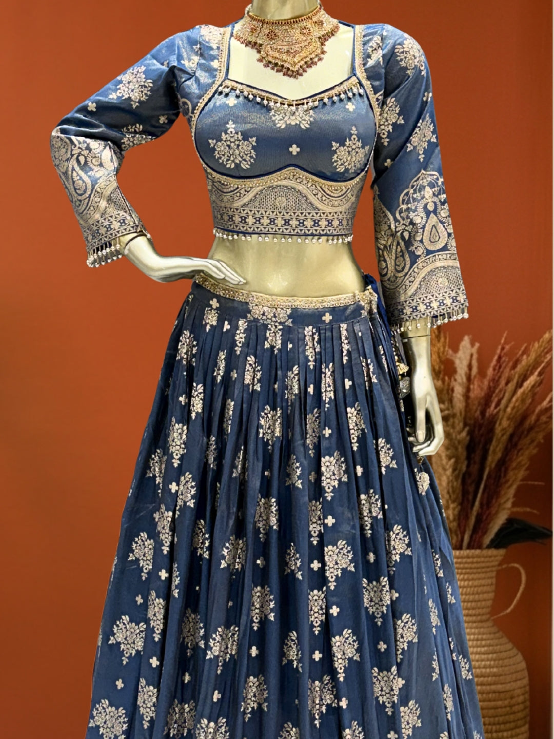 Steel Blue Tissue Lehenga Choli with Zari Mughal Buti Print & Embroidered Border with Net Dupatta