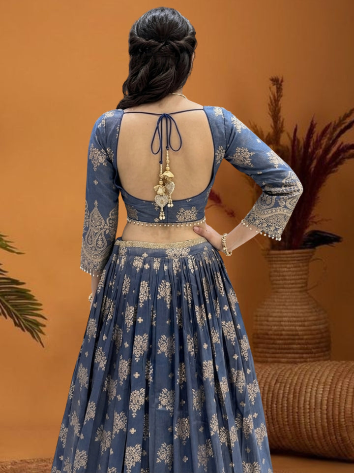 Steel Blue Tissue Lehenga Choli with Zari Mughal Buti Print & Embroidered Border with Net Dupatta