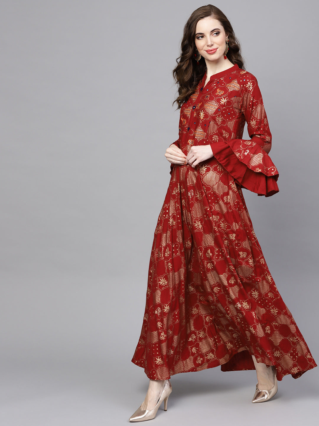 Anarkali Flared Dress with Foil Print and Layered Bell Sleeves