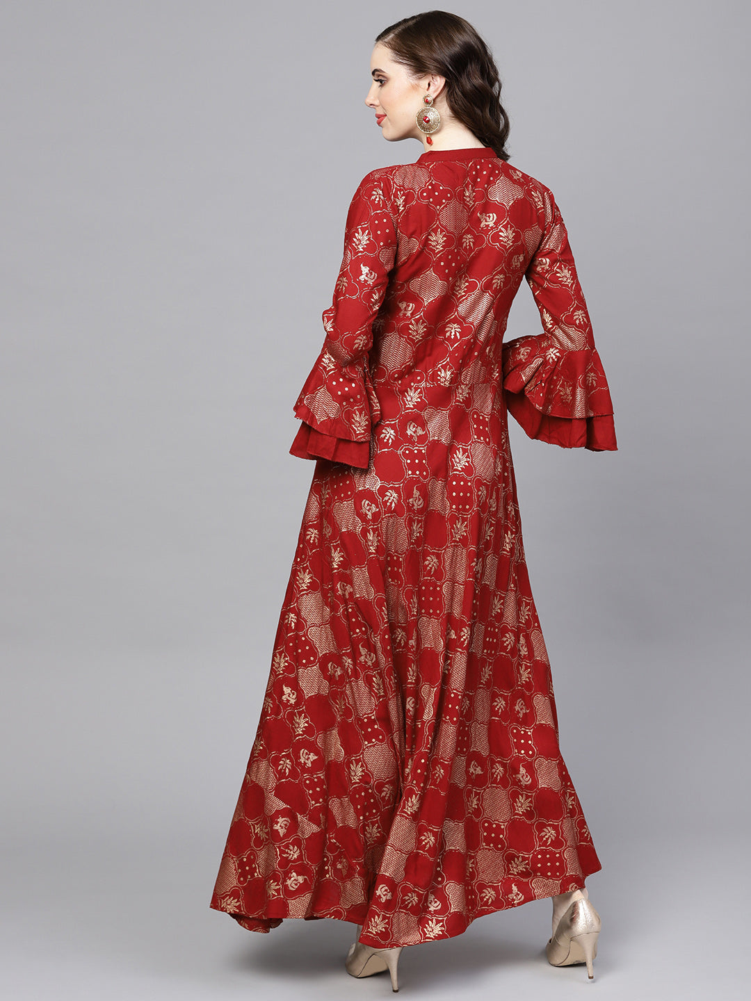 Anarkali Flared Dress with Foil Print and Layered Bell Sleeves