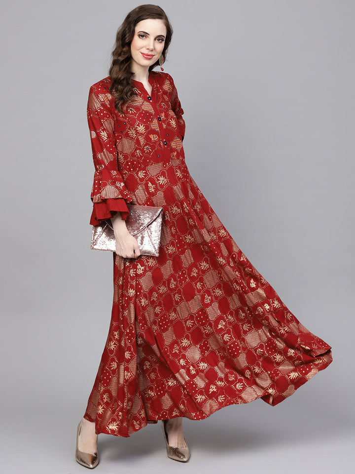 Anarkali Flared Dress with Foil Print and Layered Bell Sleeves