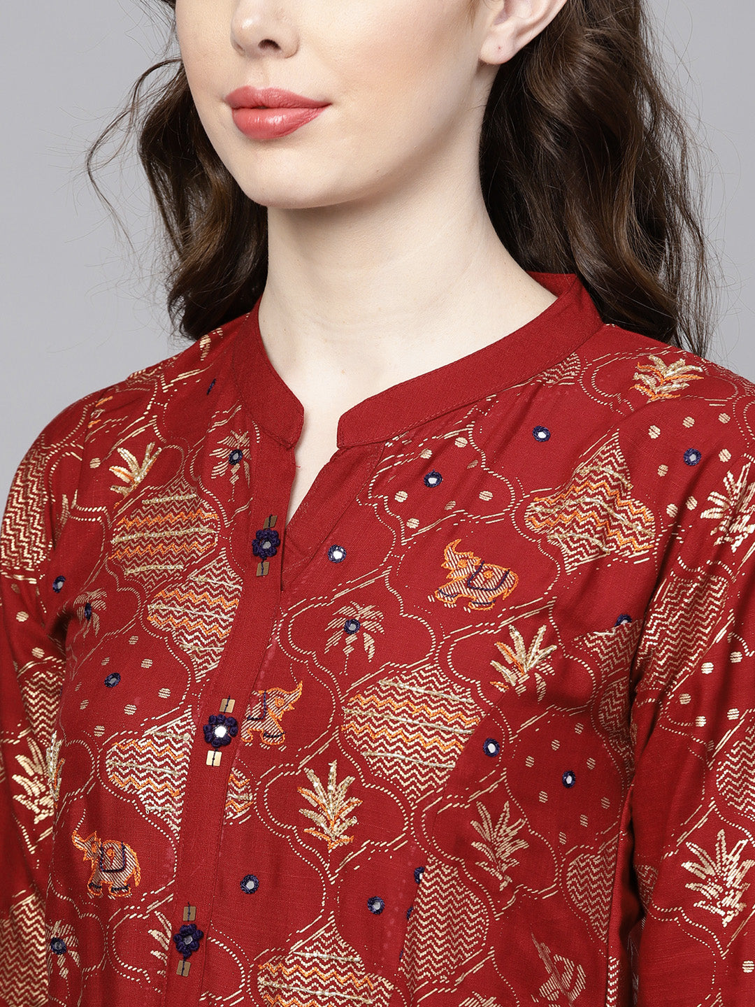 Anarkali Flared Dress with Foil Print and Layered Bell Sleeves