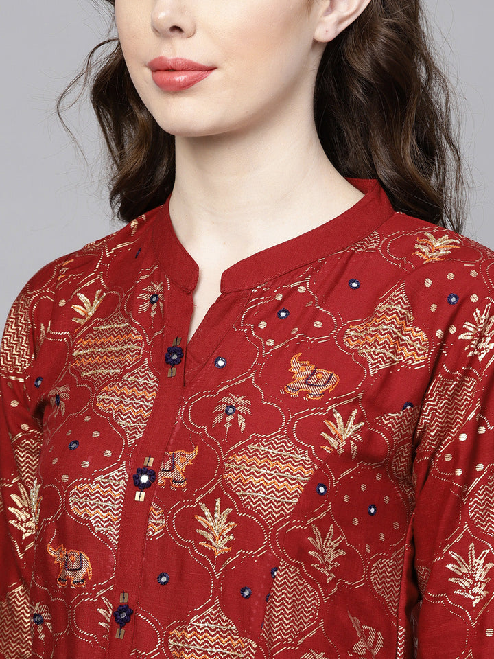 Anarkali Flared Dress with Foil Print and Layered Bell Sleeves