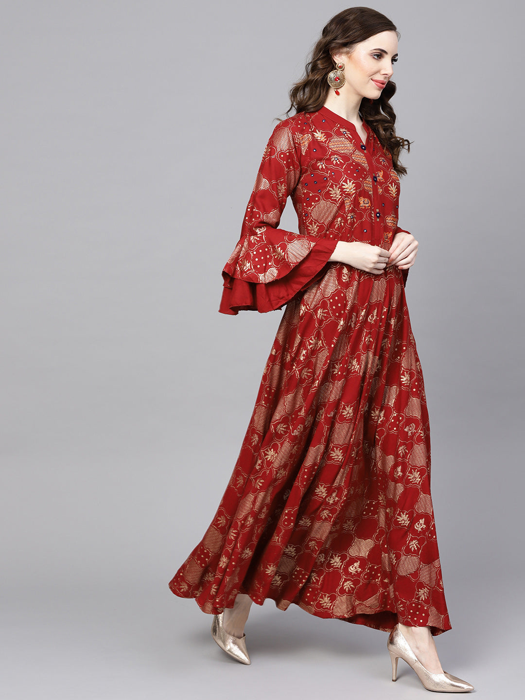 Anarkali Flared Dress with Foil Print and Layered Bell Sleeves