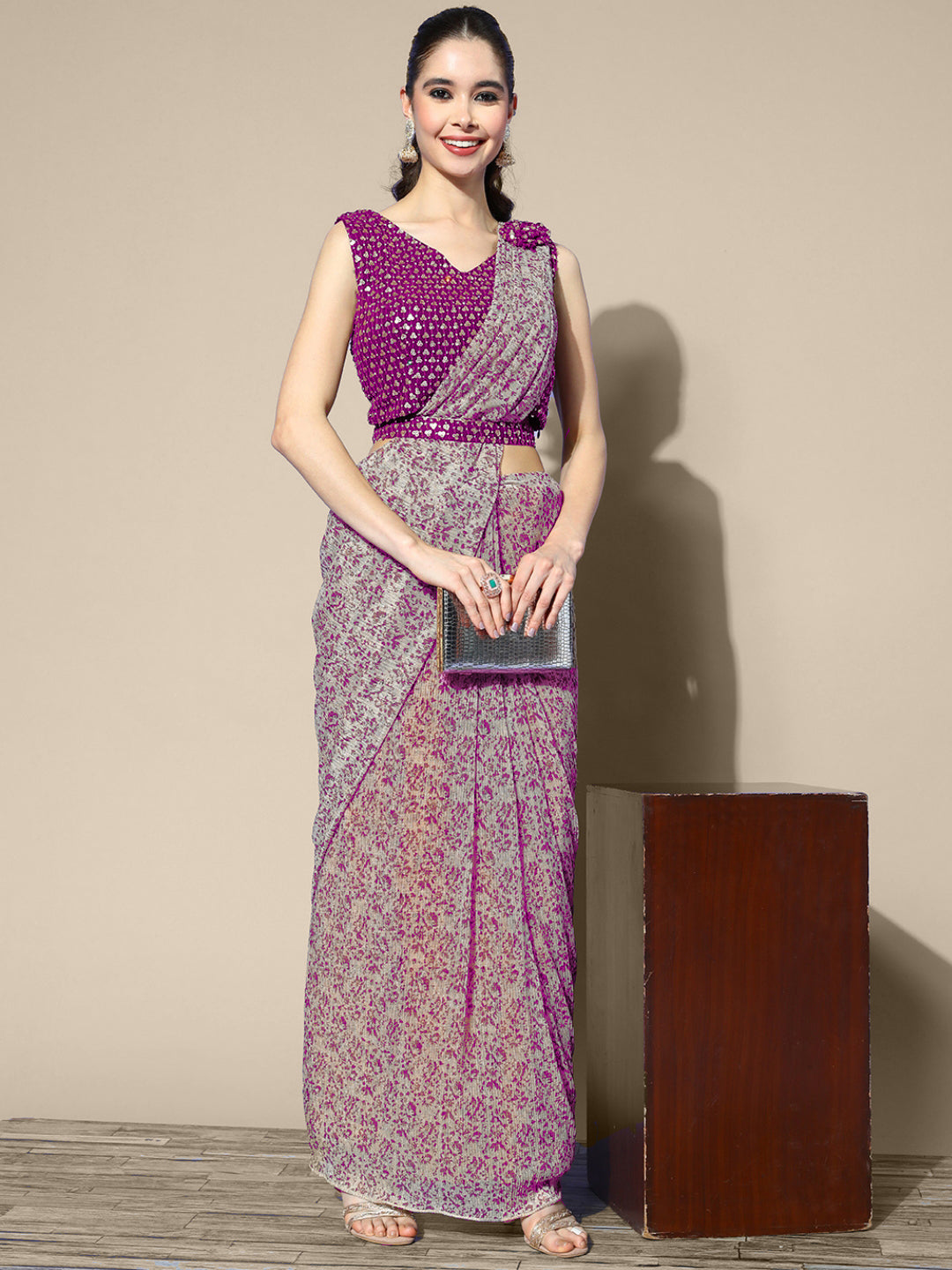 Bohemian Printed Draped Belted Saree With Embroidered Blouse