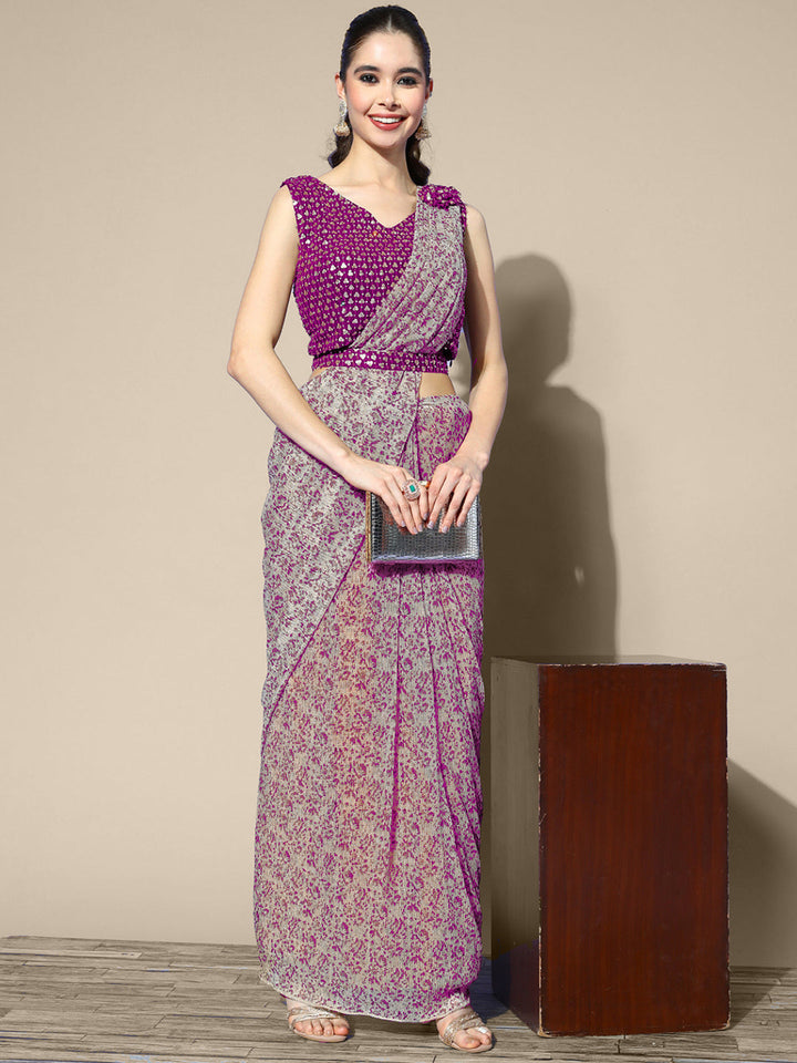 Bohemian Printed Draped Belted Saree With Embroidered Blouse