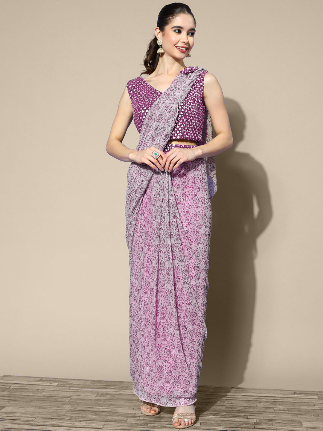 Bohemian Printed Draped Belted Saree With Embroidered Blouse