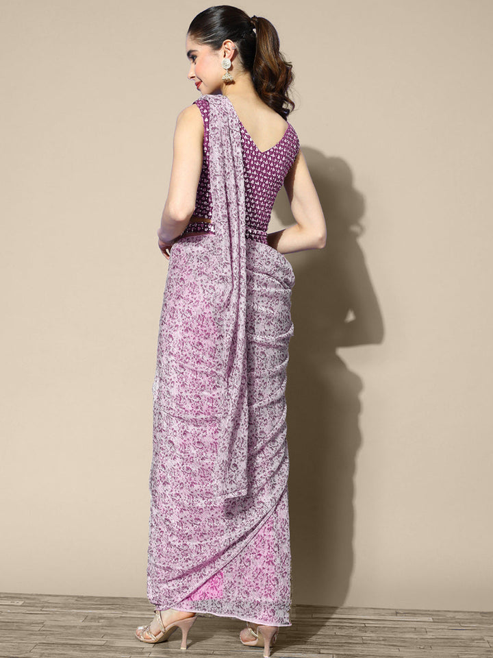 Bohemian Printed Draped Belted Saree With Embroidered Blouse