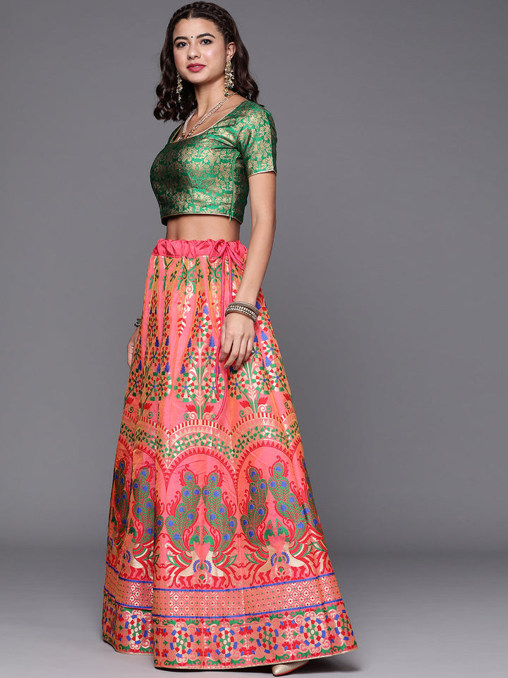 Pink Semi Stitched Banarasi Brocade Silk Lehenga Set with Meenakari Zari Peacock Weaving