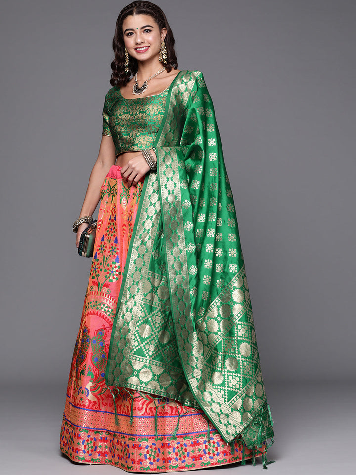 Pink Semi Stitched Banarasi Brocade Silk Lehenga Set with Meenakari Zari Peacock Weaving