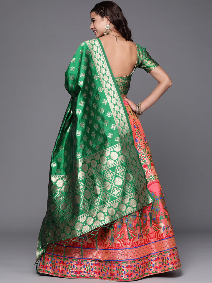 Pink Semi Stitched Banarasi Brocade Silk Lehenga Set with Meenakari Zari Peacock Weaving
