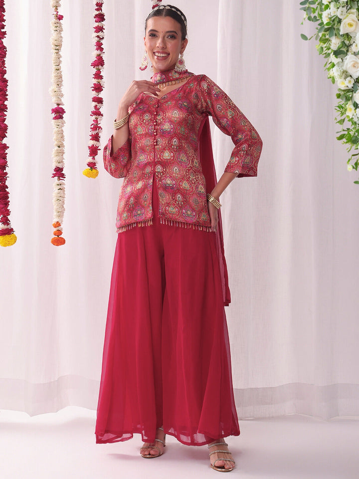 Banarasi Brocade Handloom Weaving Kurta Set with Tasseled Dupatta & Flared Pallazo