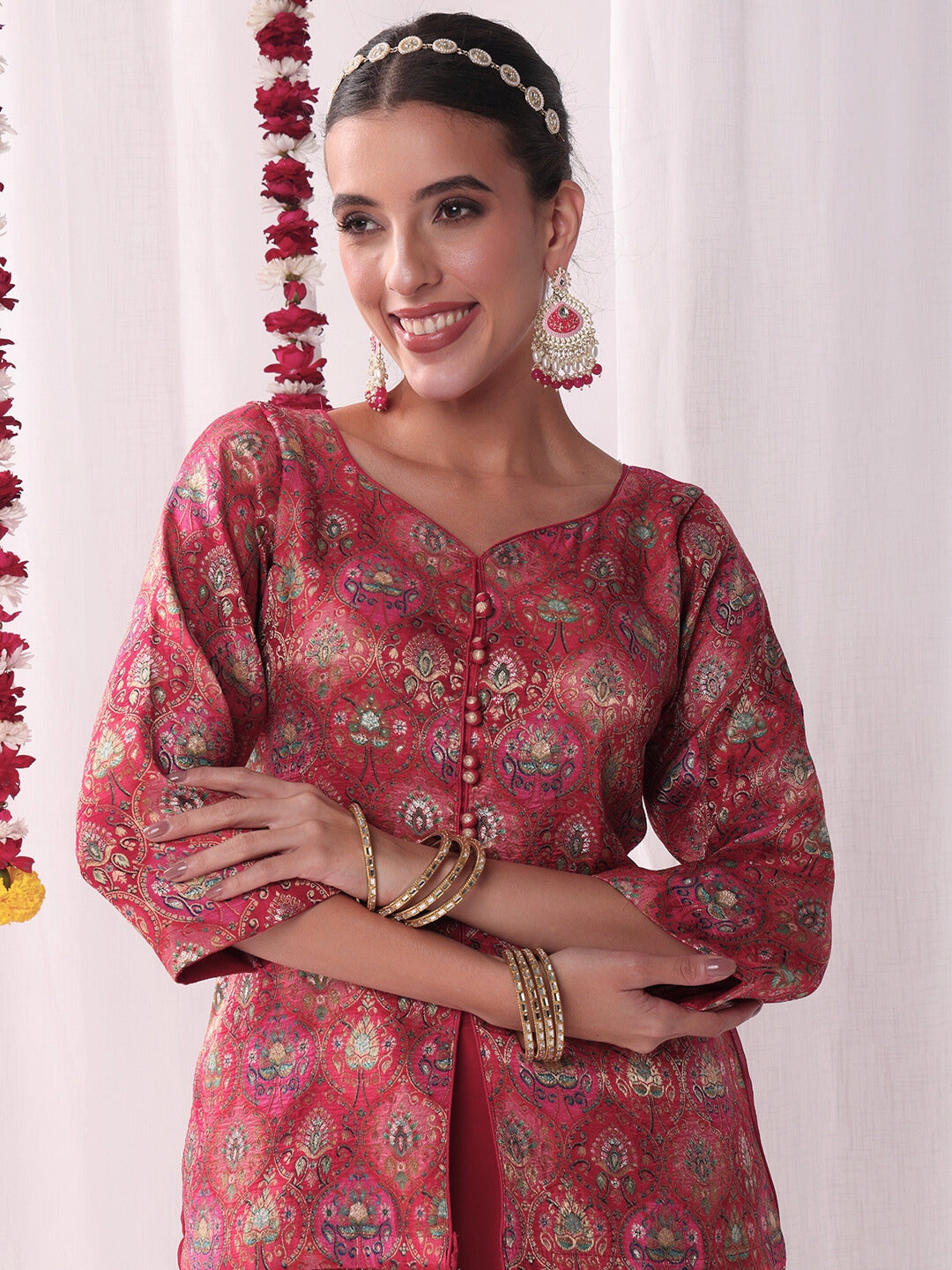 Banarasi Brocade Handloom Weaving Kurta Set with Tasseled Dupatta & Flared Pallazo