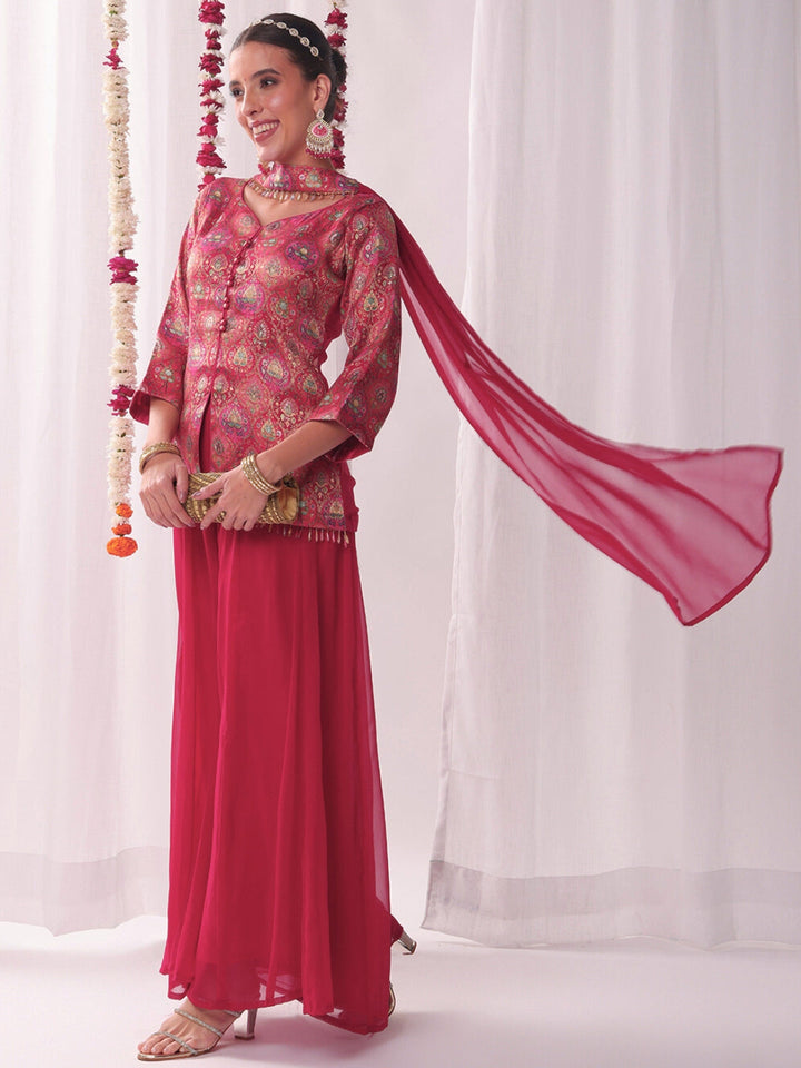 Banarasi Brocade Handloom Weaving Kurta Set with Tasseled Dupatta & Flared Pallazo