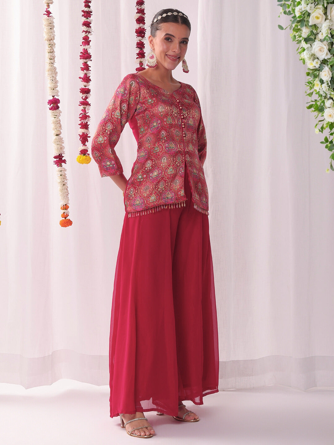 Banarasi Brocade Handloom Weaving Kurta Set with Tasseled Dupatta & Flared Pallazo