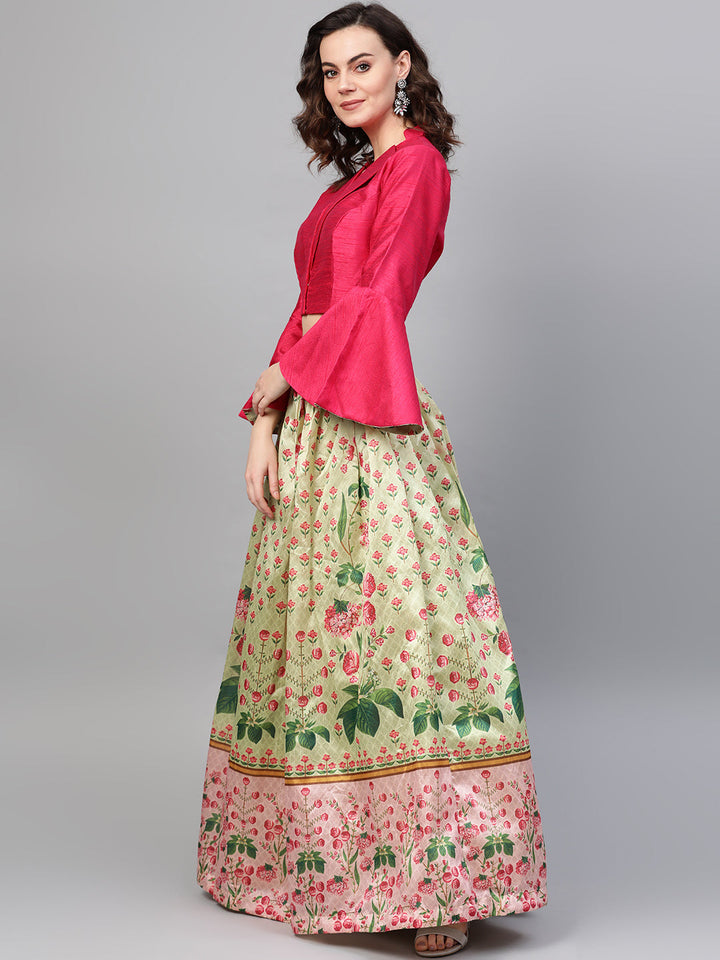 Digital Print Lehenga with Jacket Style Bell Sleeve Crop Top