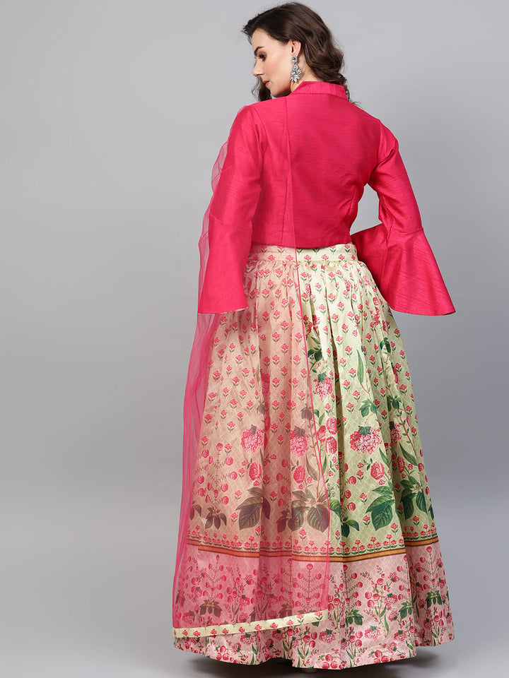 Digital Print Lehenga with Jacket Style Bell Sleeve Crop Top