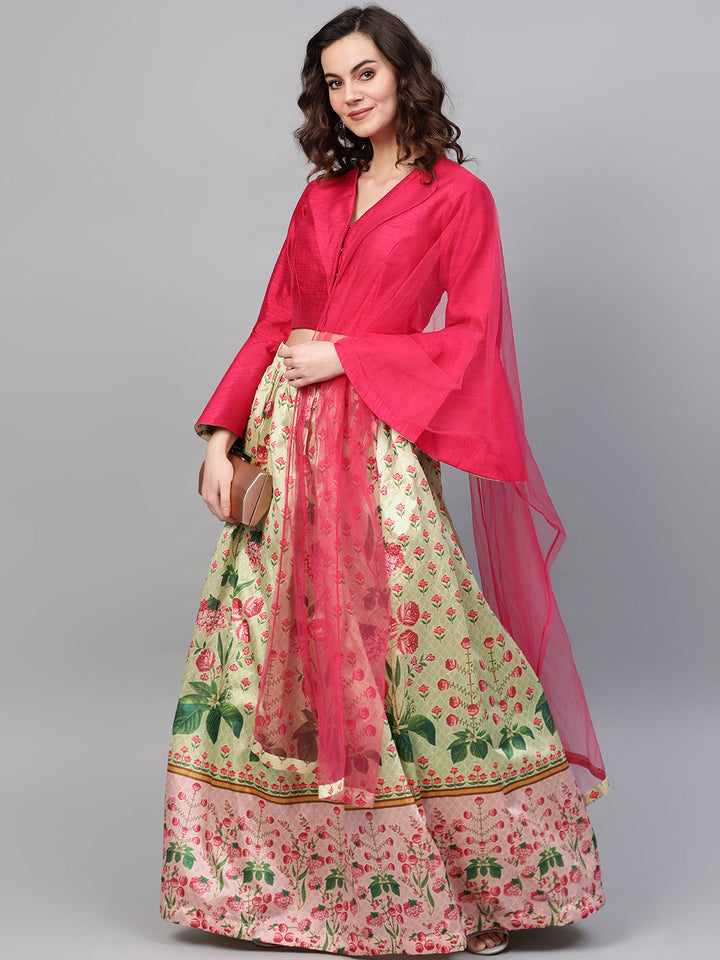 Digital Print Lehenga with Jacket Style Bell Sleeve Crop Top