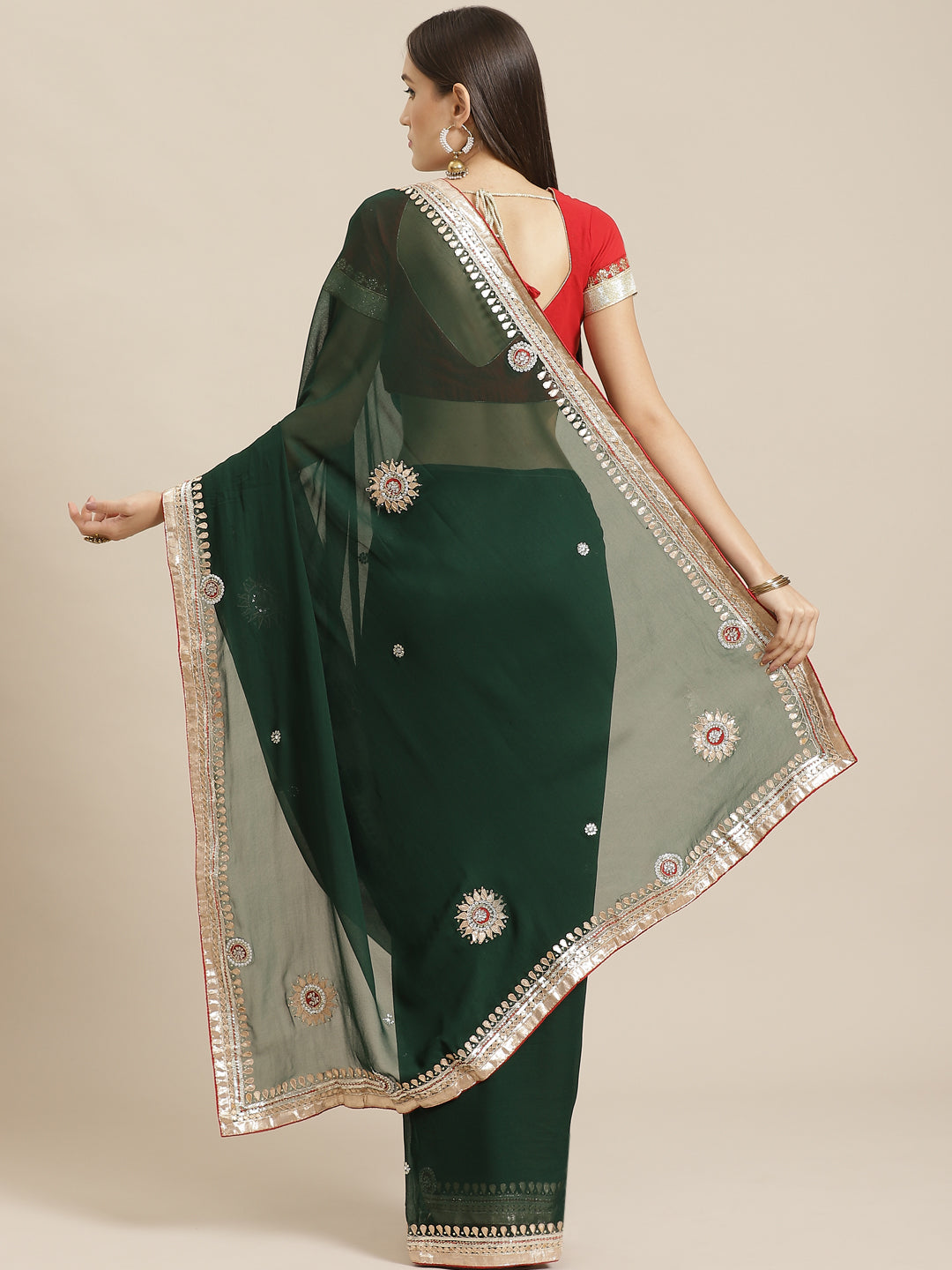 Bottle Green Jaipuri Georgette Saree with Gota Patti Embroidery & Contrast Blouse