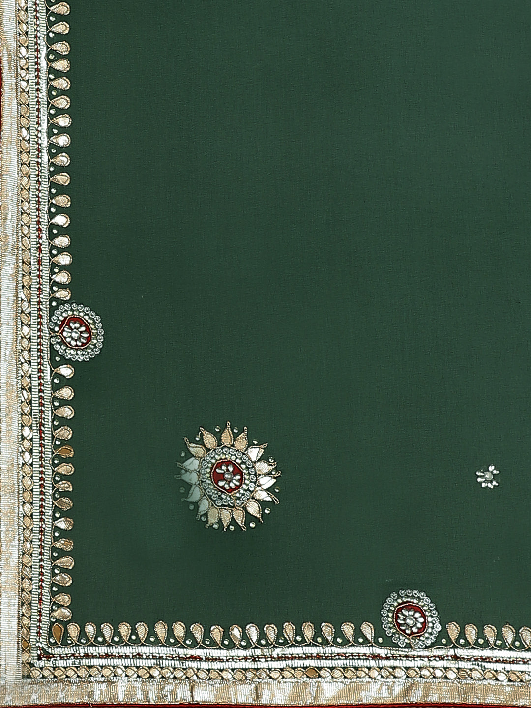 Bottle Green Jaipuri Georgette Saree with Gota Patti Embroidery & Contrast Blouse