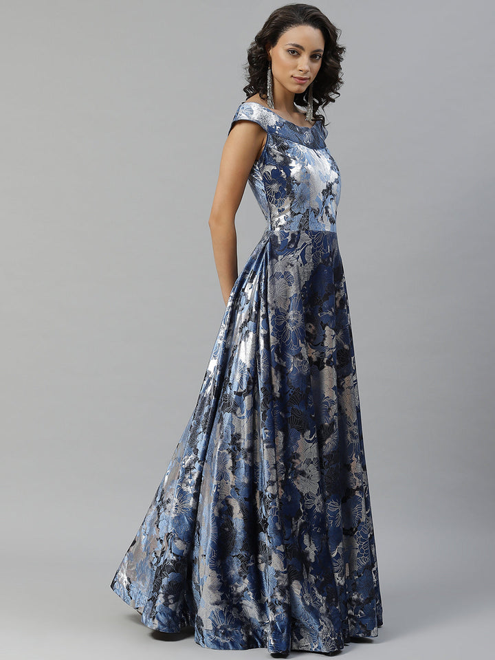 Metallic Silver Blue Micro Velvet Satin Silk Cocktail Gown With Floral Motifs
