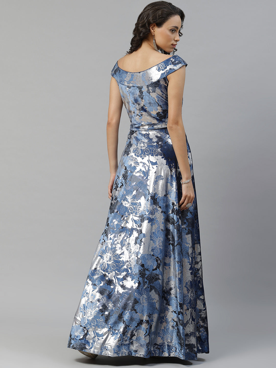 Metallic Silver Blue Micro Velvet Satin Silk Cocktail Gown With Floral Motifs