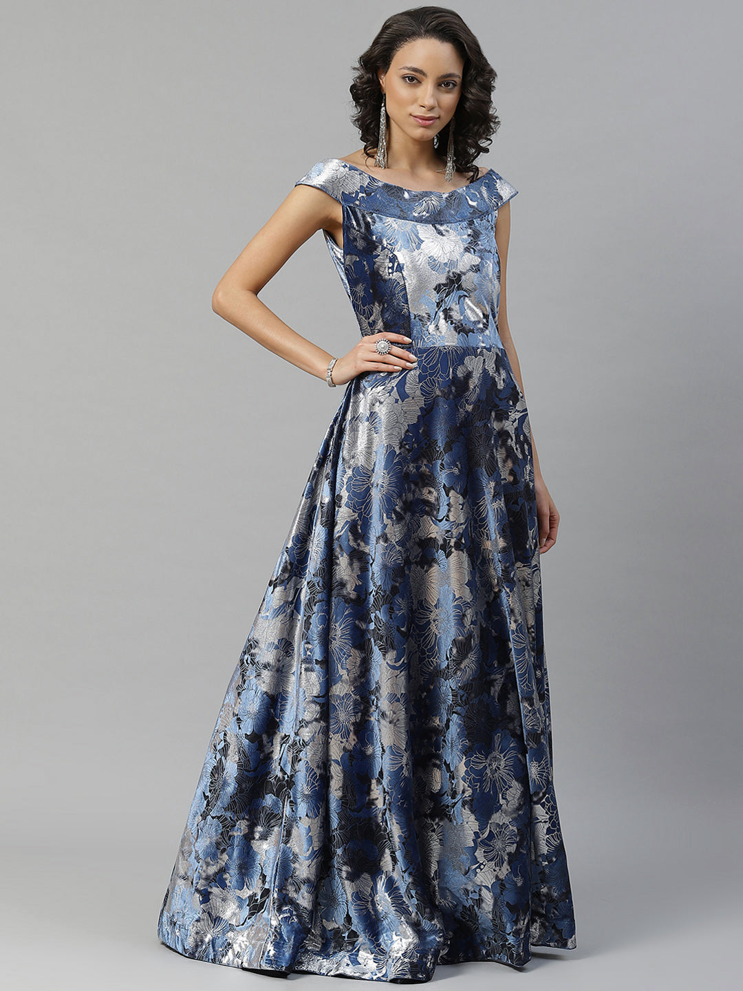 Metallic Silver Blue Micro Velvet Satin Silk Cocktail Gown With Floral Motifs