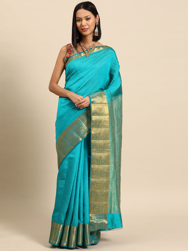 Turquoise Blue Self Weave Resham Silk Saree & Gold Zari Border