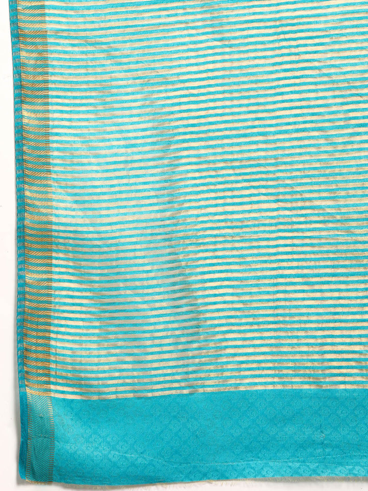 Turquoise Blue Self Weave Resham Silk Saree & Gold Zari Border