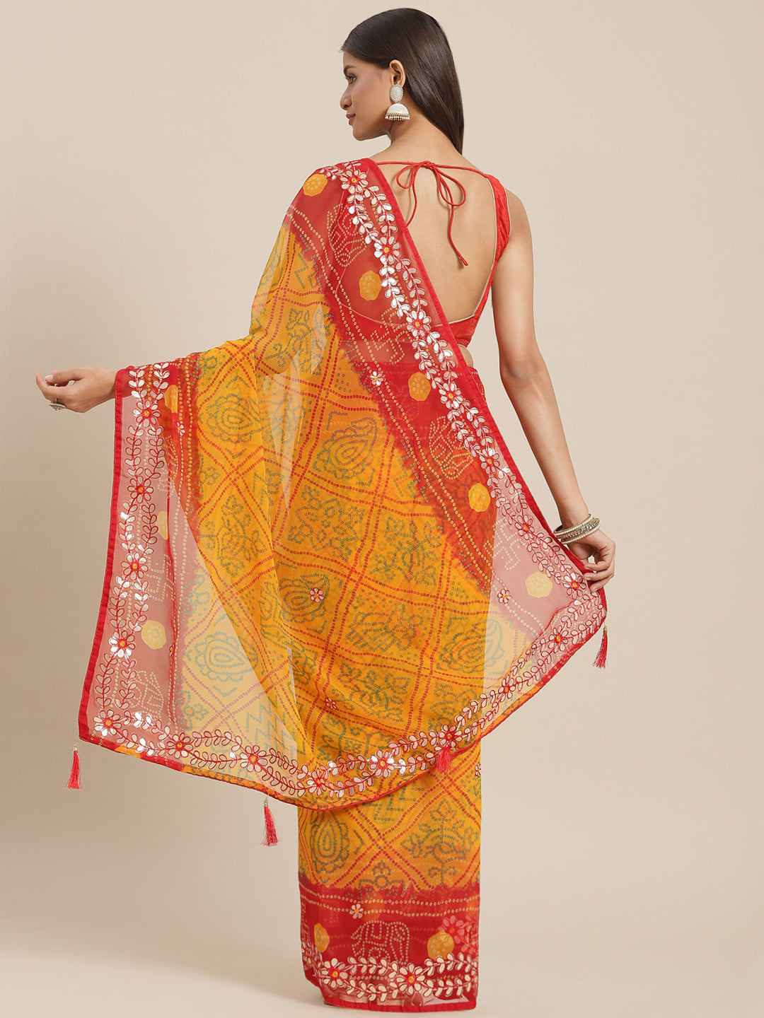 Mustard Red Jaipuri Print Georgette Saree With Gota-Patti Embroidery