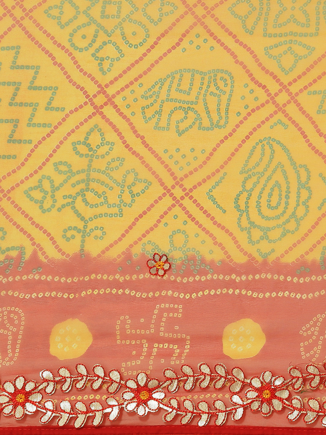 Mustard Red Jaipuri Print Georgette Saree With Gota-Patti Embroidery