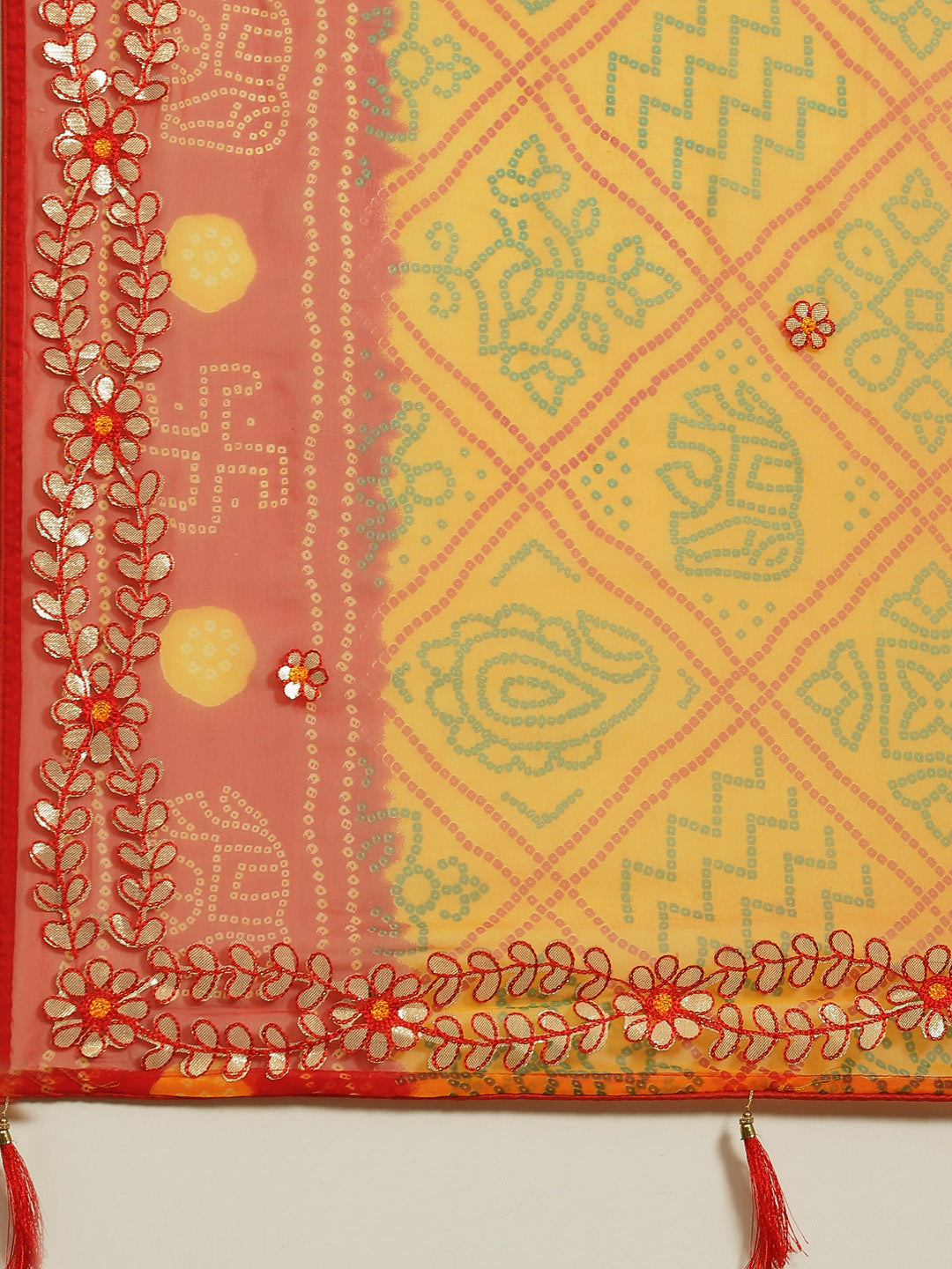 Mustard Red Jaipuri Print Georgette Saree With Gota-Patti Embroidery