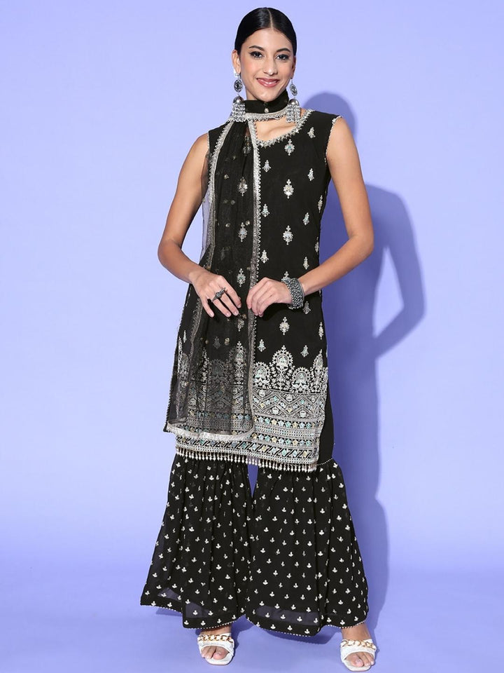Black Sequin & Resham Embroidered Kurta Sharara Set