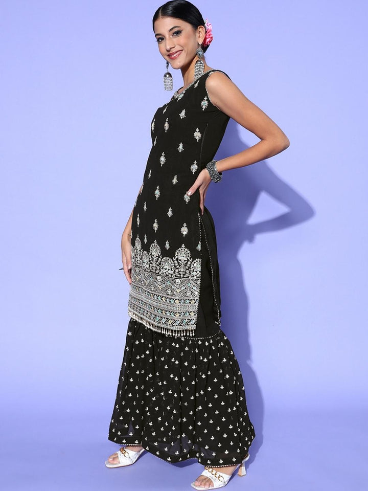 Black Sequin & Resham Embroidered Kurta Sharara Set