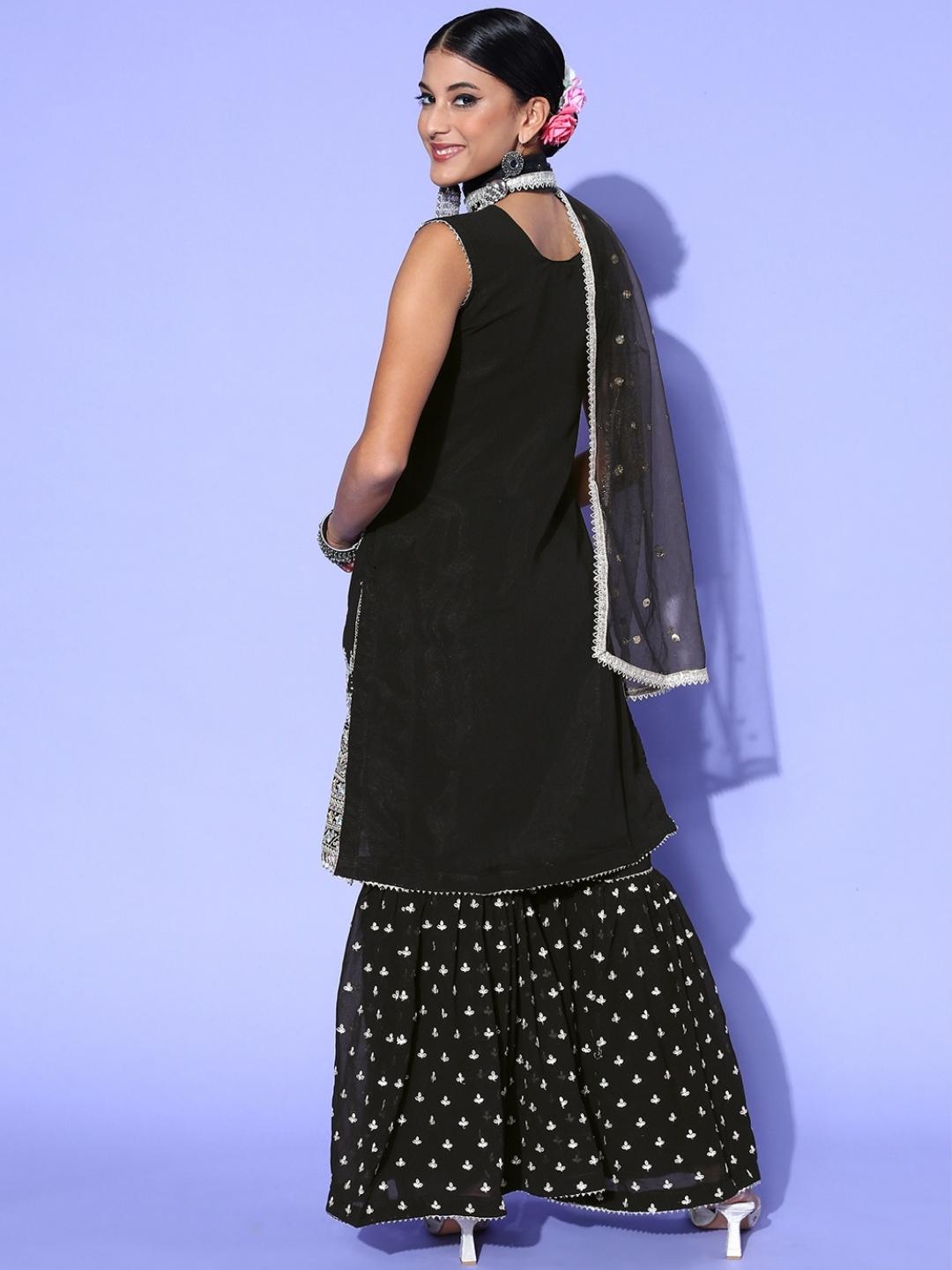 Black Sequin & Resham Embroidered Kurta Sharara Set