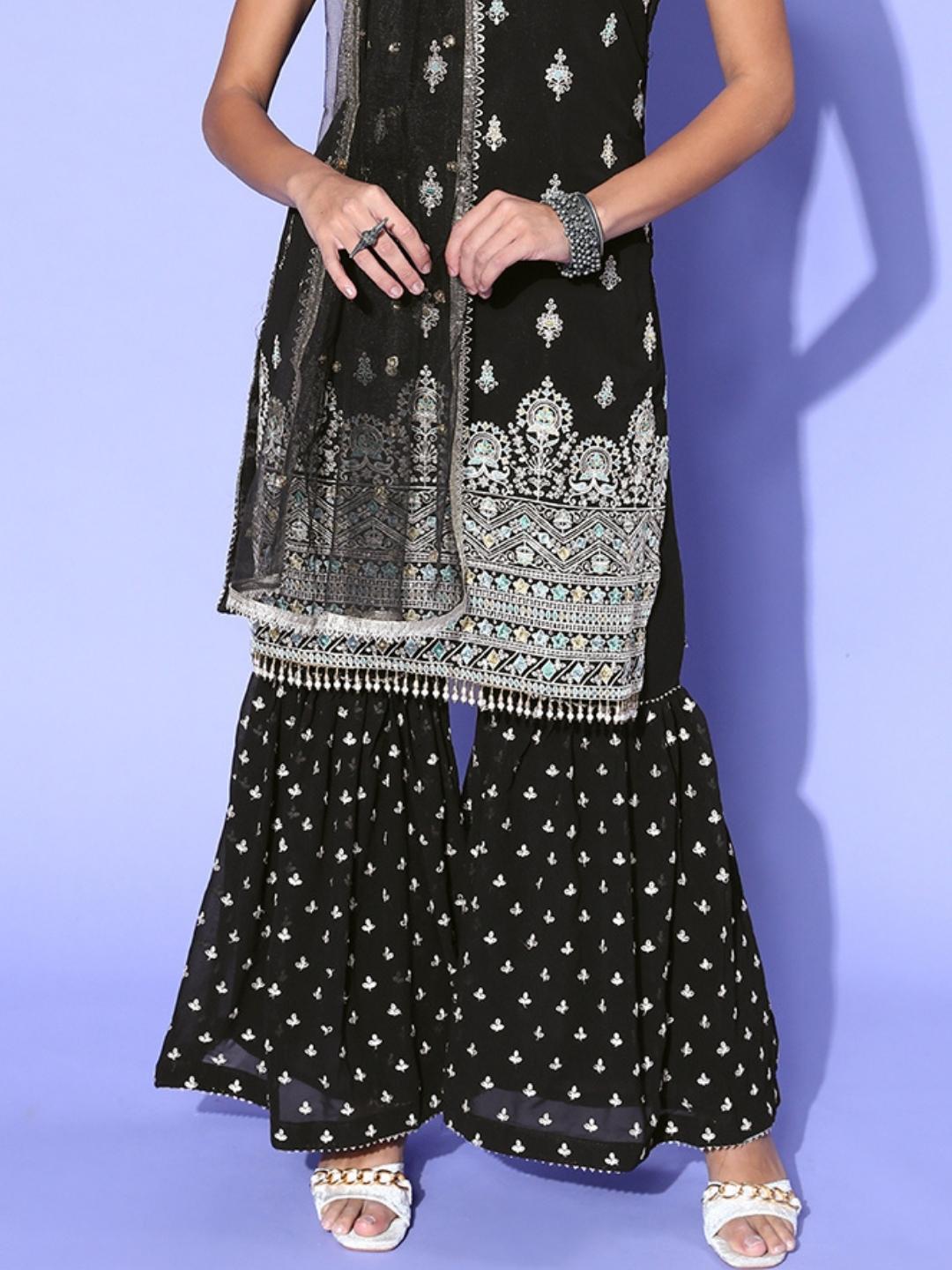 Black Sequin & Resham Embroidered Kurta Sharara Set