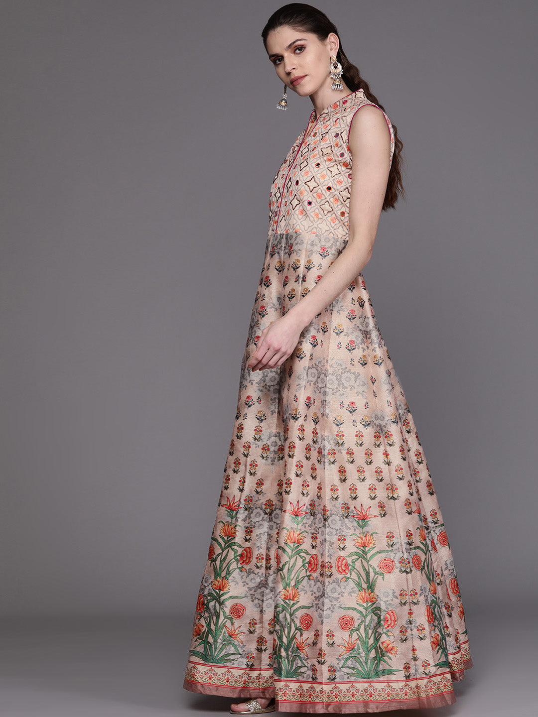 Beige Anarkali Digital Print Gown with Mirror Embellishments