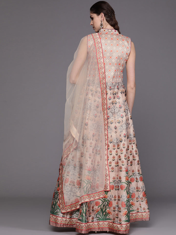 Beige Anarkali Digital Print Gown with Mirror Embellishments