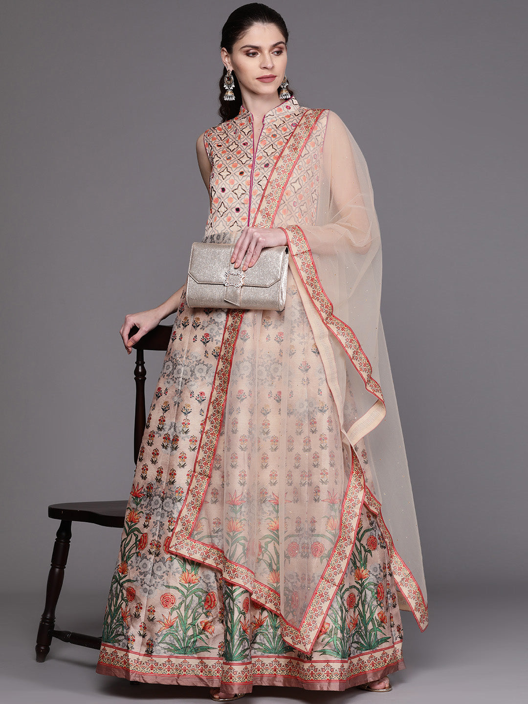 Beige Anarkali Digital Print Gown with Mirror Embellishments
