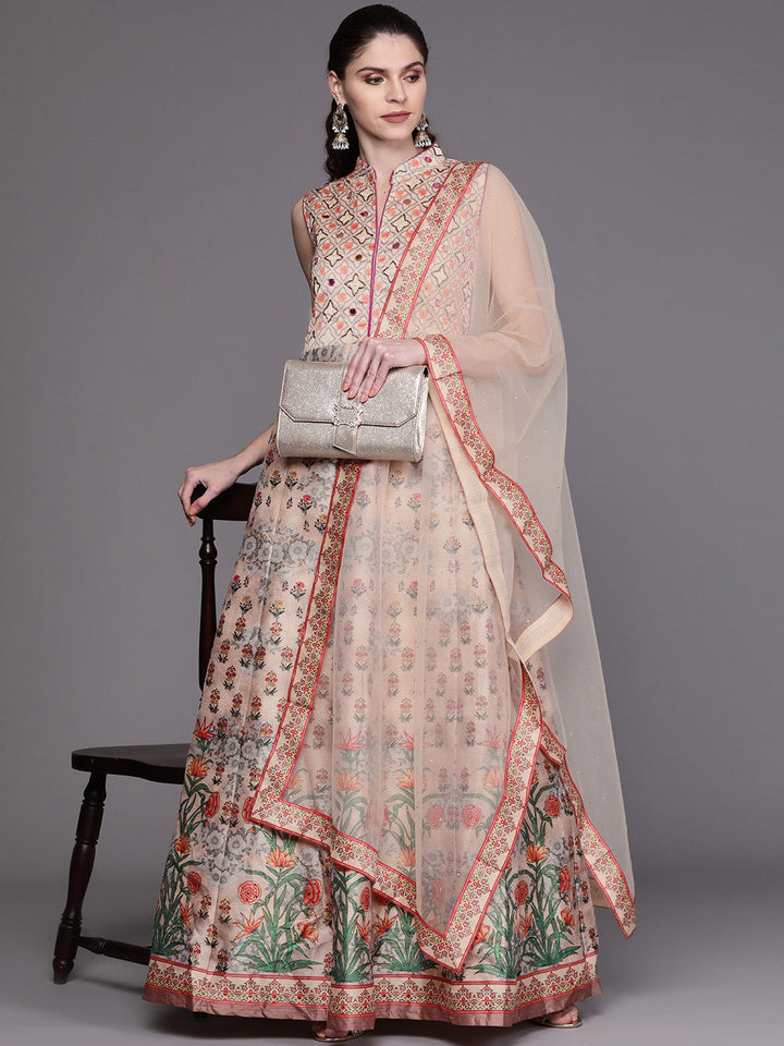 Beige Anarkali Digital Print Gown with Mirror Embellishments