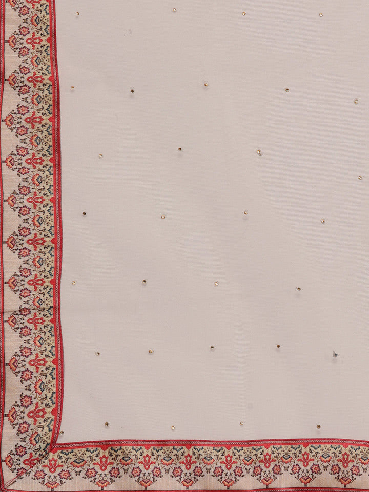 Beige Anarkali Digital Print Gown with Mirror Embellishments