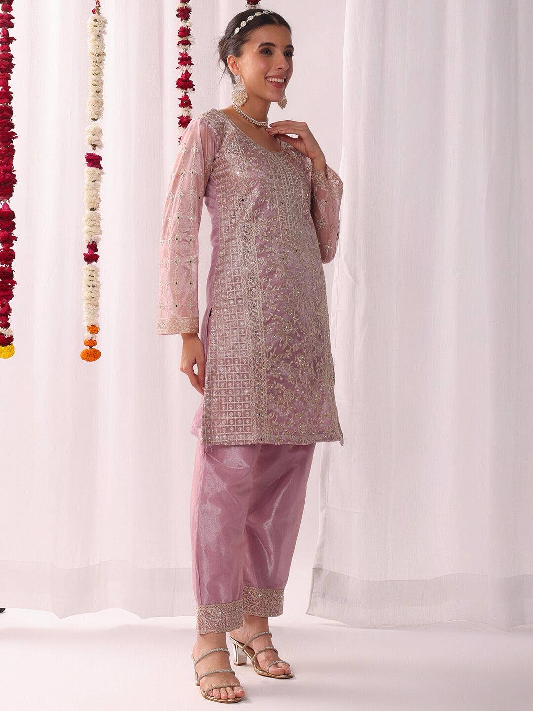 Dori Embroidered & Mirror Work Organza Kurta Set