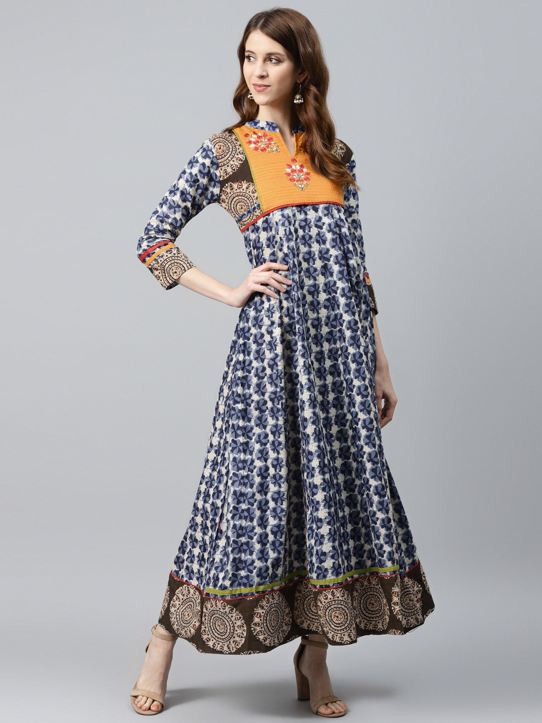 Made to Measure Kalamkari Print Anarkali Dress with Thread Embroidery & Ethnic Borders