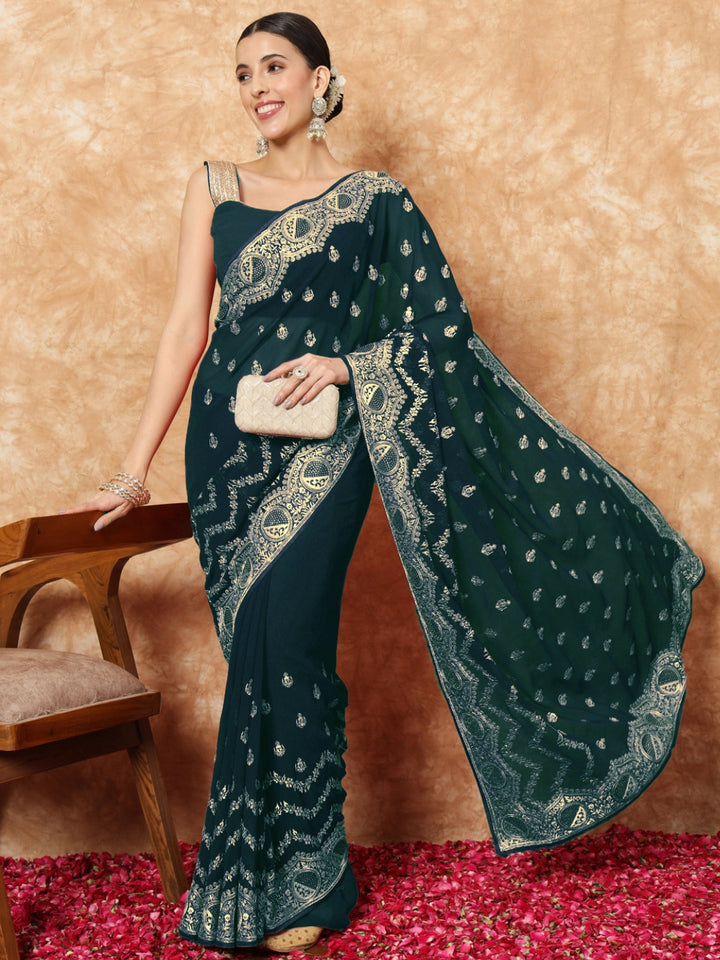 Chhabra 555 Teal Georgette Saree with Intricate Resham Embroidery & Crystal Embellishments 