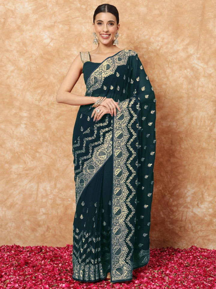 Teal Georgette Saree with Crystal Embellishments