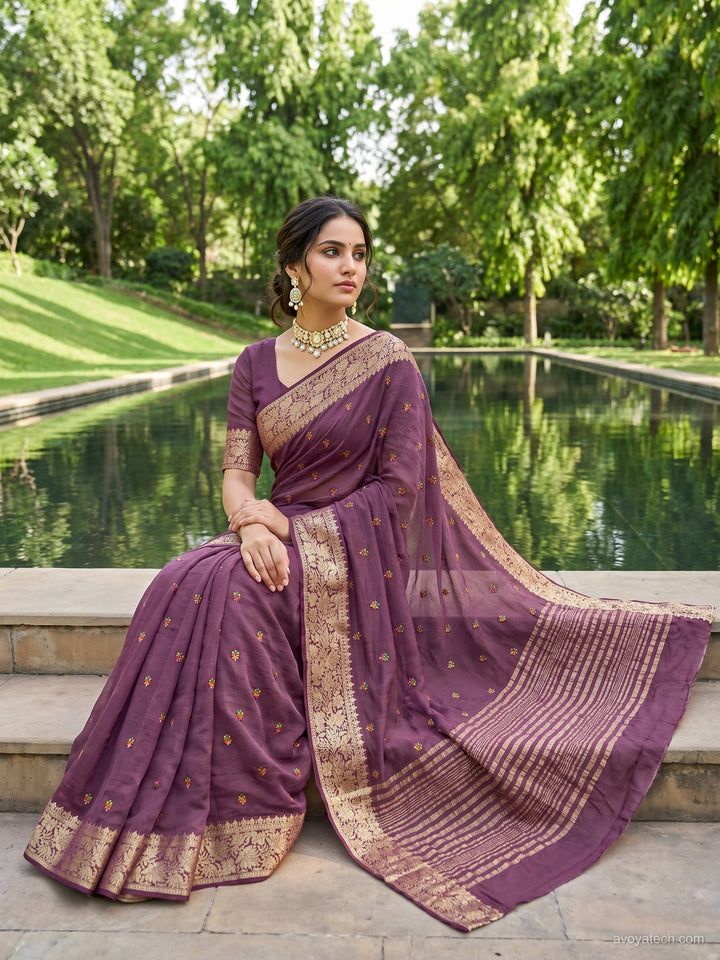 Wine Purple Silk Saree with Zari Floral Border and Booti Weave