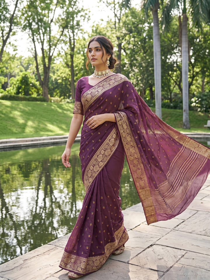 Wine Purple Silk Saree with Zari Floral Border and Booti Weave