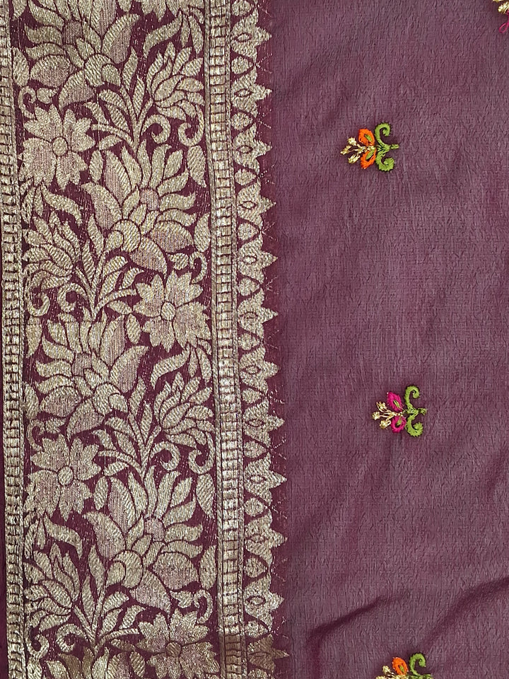 Wine Purple Silk Saree with Zari Floral Border and Booti Weave