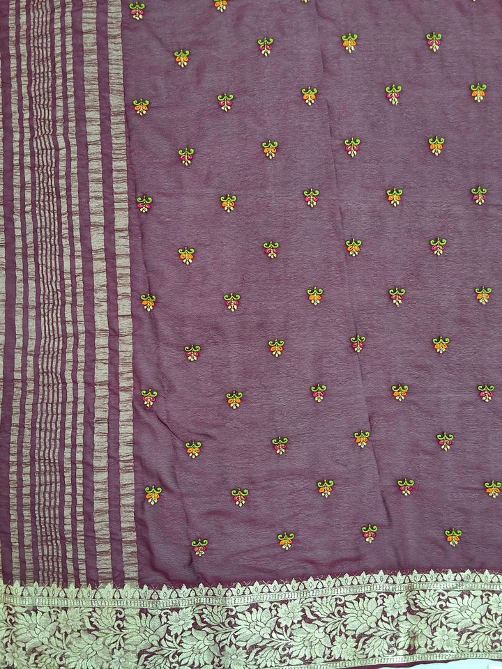 Wine Purple Silk Saree with Zari Floral Border and Booti Weave